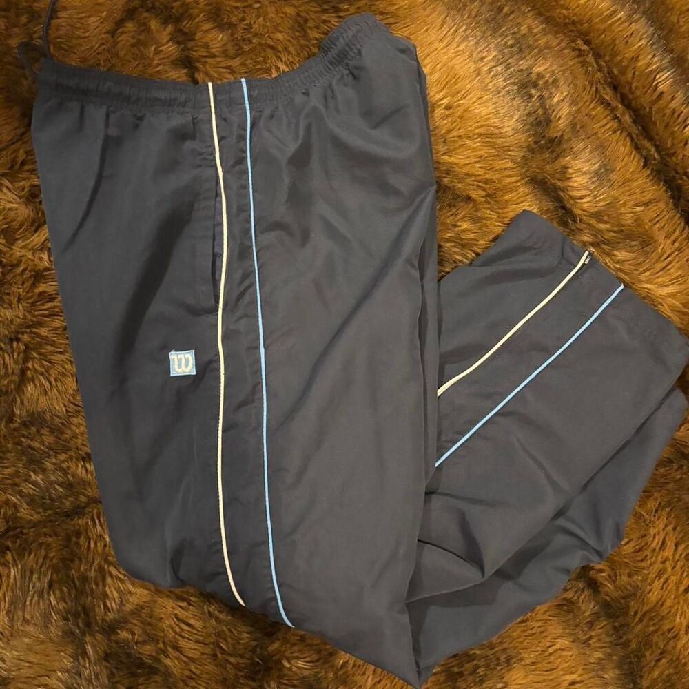 Y2K Wilson navy blue track pants with white and baby blue stripes Men’s Medium